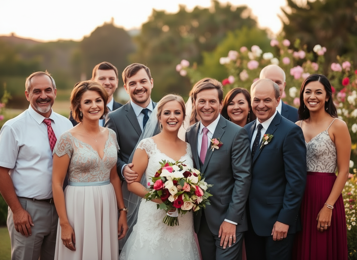 A medium shot of a wedding group with the couple and guests, warm natural lighting, candid smiling expressions, outdoor garden setting